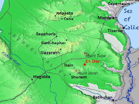 Map showing En Dor below Mount Tabor in the Jezreel Valley