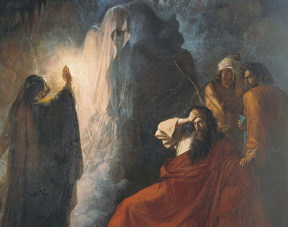 A distressed Saul faints when he hears Samuel's prophecy