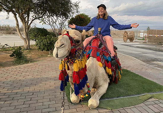 Gila sitting on Pistachio by the Dead Sea February 2023