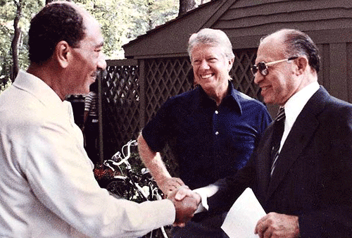 Egyptian President Anwar Sadat, U.S. President Jimmy Carter and Israel Prime Minister Menachem Begin at Camp David, 1978