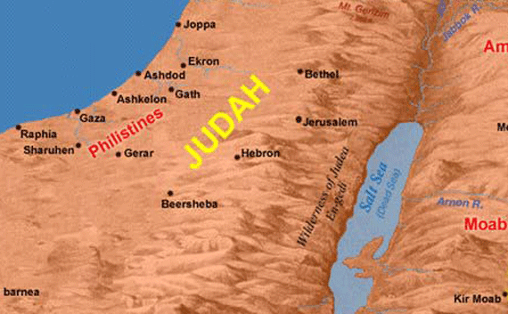 Topographical map showing mountains and steep valleys in Judah