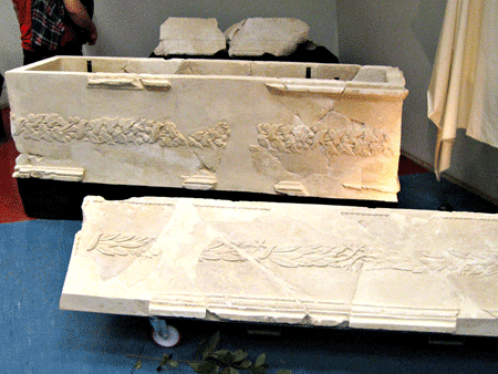 Second white polished limestone sarcophagus with lid, found at Herodion