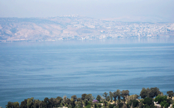 Across the lake from Hippos Tiberias on the western shore is visible Across the lake from Hippos Tiberias on the western shore is visible
