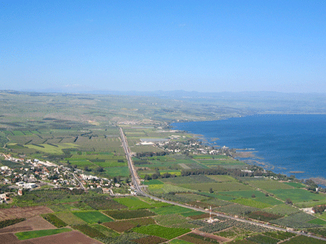 Magdala as seen from Mount Arbel lies on the western shore of the Sea of Galilee