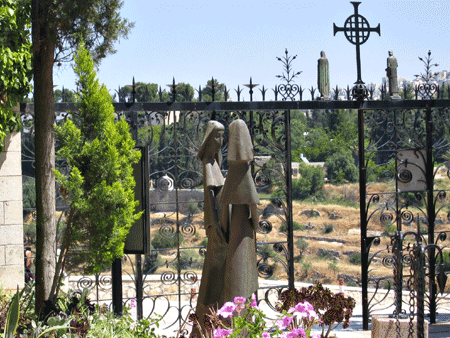 Mary meeting Elizabeth at the entrance to the Visitation Church in Ein Karem Mary meeting Elizabeth at the entrance to the Visitation Church in Ein Karem